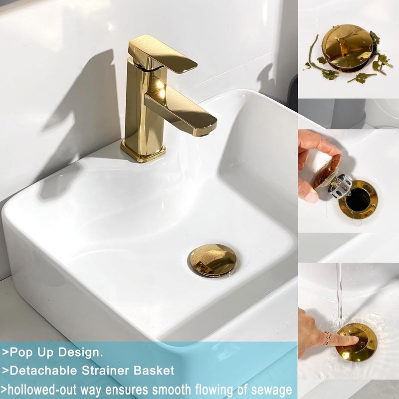 Rackickyer Bathroom Sink Drain, Gold Drain Stopper Bathroom Sink with Overflow,Pop Up Drain Assembly with Detachable Strainer Basket,Built-in Anti-Clogging Strainer,Stainless Steel Gold - Image 5